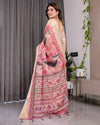 Ivory Pink Handloom Linen Saree with Artistic Flamingo & Floral Pallu | Zari Woven Border | 5.5m Saree + 0.8m Blouse | Tassel Detail