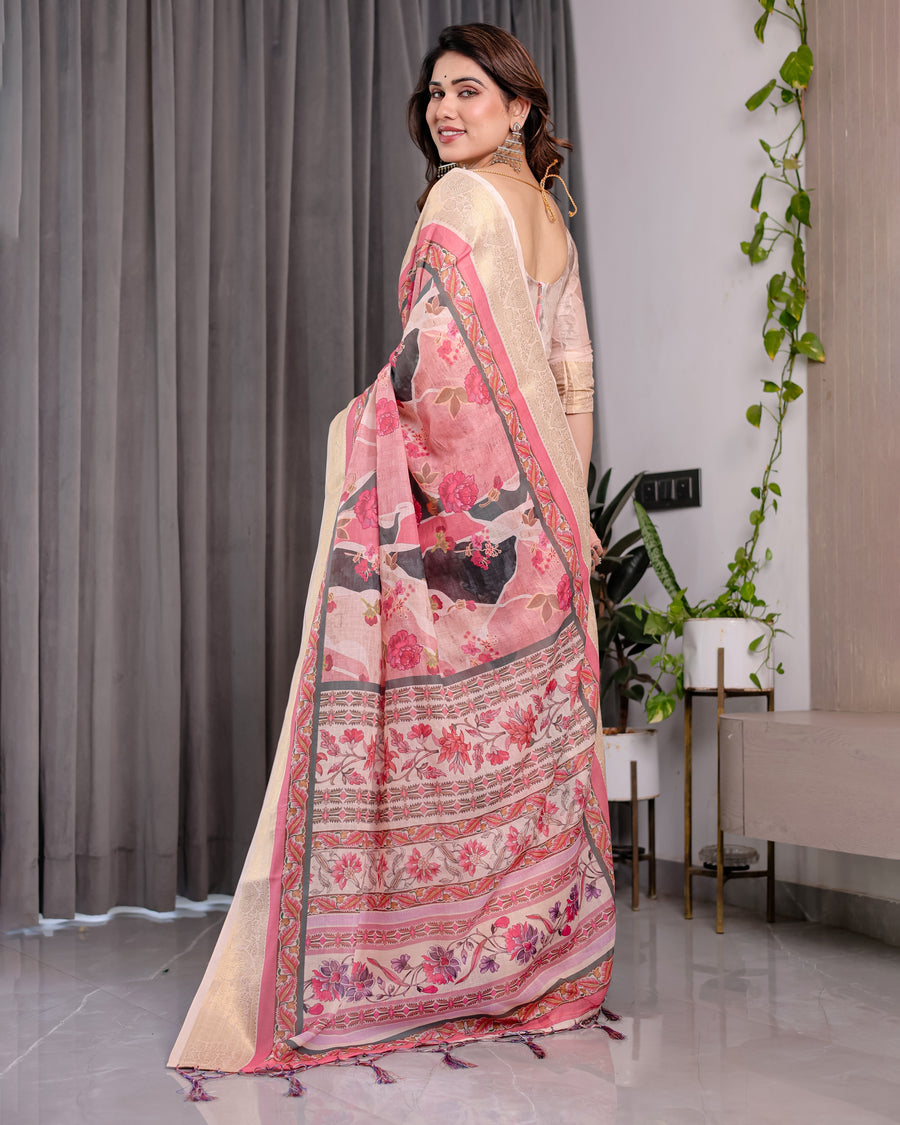 Ivory Pink Handloom Linen Saree with Artistic Flamingo & Floral Pallu | Zari Woven Border | 5.5m Saree + 0.8m Blouse | Tassel Detail