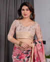 Ivory Pink Handloom Linen Saree with Artistic Flamingo & Floral Pallu | Zari Woven Border | 5.5m Saree + 0.8m Blouse | Tassel Detail