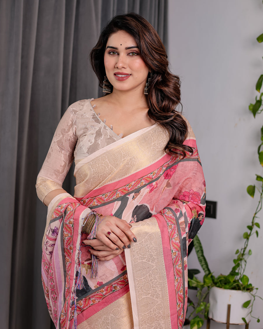 Ivory Pink Handloom Linen Saree with Artistic Flamingo & Floral Pallu | Zari Woven Border | 5.5m Saree + 0.8m Blouse | Tassel Detail