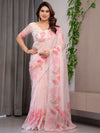 Pastel Peach Printed Organza Saree with Paisley Motifs & Multicolour Lace Border | Designer Lightweight Organza Saree with Attached Blouse Piece | Festive & Party Wear Saree