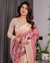 Ivory Pink Handloom Linen Saree with Artistic Flamingo & Floral Pallu | Zari Woven Border | 5.5m Saree + 0.8m Blouse | Tassel Detail