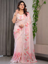 Pastel Peach Printed Organza Saree with Paisley Motifs & Multicolour Lace Border | Designer Lightweight Organza Saree with Attached Blouse Piece | Festive & Party Wear Saree
