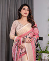 Ivory Pink Handloom Linen Saree with Artistic Flamingo & Floral Pallu | Zari Woven Border | 5.5m Saree + 0.8m Blouse | Tassel Detail