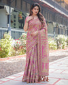 Regal Pink Handloom Cotton-Linen Saree with Floral Motifs, Golden Zari Highlights, and Tassel Detailing