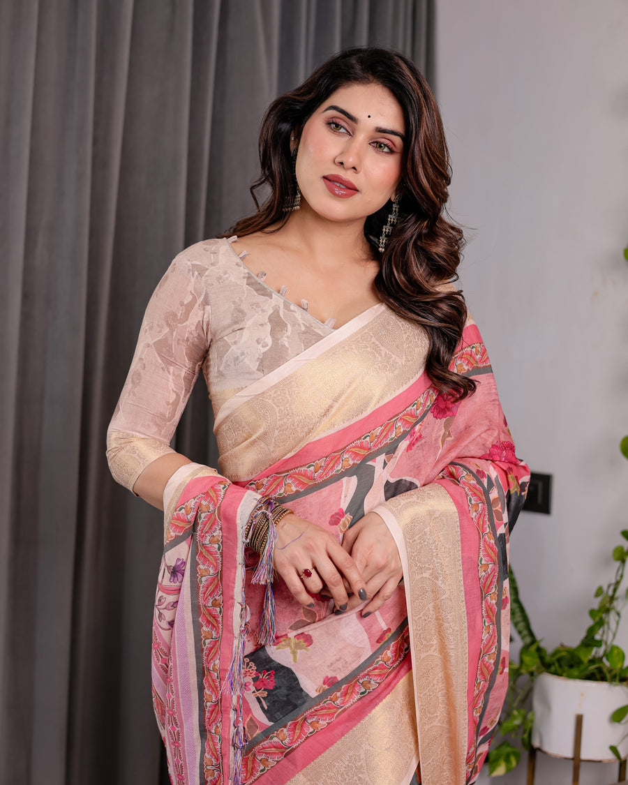 Ivory Pink Handloom Linen Saree with Artistic Flamingo & Floral Pallu | Zari Woven Border | 5.5m Saree + 0.8m Blouse | Tassel Detail