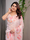 Pastel Peach Printed Organza Saree with Paisley Motifs & Multicolour Lace Border | Designer Lightweight Organza Saree with Attached Blouse Piece | Festive & Party Wear Saree