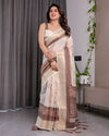 Ivory Beige Handloom Linen Saree with Rustic Floral Print & Brown Ornamental Pallu | Zari Borders & Tassels | 5.5m Saree + 0.8m Blouse