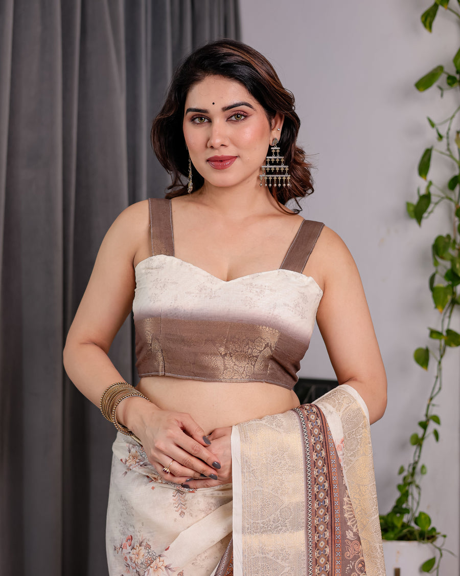 Ivory Beige Handloom Linen Saree with Rustic Floral Print & Brown Ornamental Pallu | Zari Borders & Tassels | 5.5m Saree + 0.8m Blouse