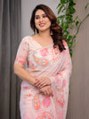 Pastel Peach Printed Organza Saree with Paisley Motifs & Multicolour Lace Border | Designer Lightweight Organza Saree with Attached Blouse Piece | Festive & Party Wear Saree