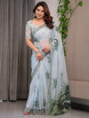 Pastel Mint Green Printed Organza Saree with Tropical Leaf Motifs | Designer Lightweight Sheer Organza Saree with Attached Blouse Piece | Festive & Day Party Saree