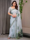 Pastel Mint Green Printed Organza Saree with Tropical Leaf Motifs | Designer Lightweight Sheer Organza Saree with Attached Blouse Piece | Festive & Day Party Saree
