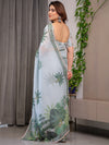 Pastel Mint Green Printed Organza Saree with Tropical Leaf Motifs | Designer Lightweight Sheer Organza Saree with Attached Blouse Piece | Festive & Day Party Saree