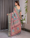 Sage Green Handloom Linen Saree with Multicolor Mythical Elephant & Floral Printed Pallu | Zari Border | 5.5m Saree + 0.8m Blouse | Festive Tassel Finish