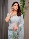 Pastel Mint Green Printed Organza Saree with Tropical Leaf Motifs | Designer Lightweight Sheer Organza Saree with Attached Blouse Piece | Festive & Day Party Saree