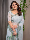 Pastel Mint Green Printed Organza Saree with Tropical Leaf Motifs | Designer Lightweight Sheer Organza Saree with Attached Blouse Piece | Festive & Day Party Saree