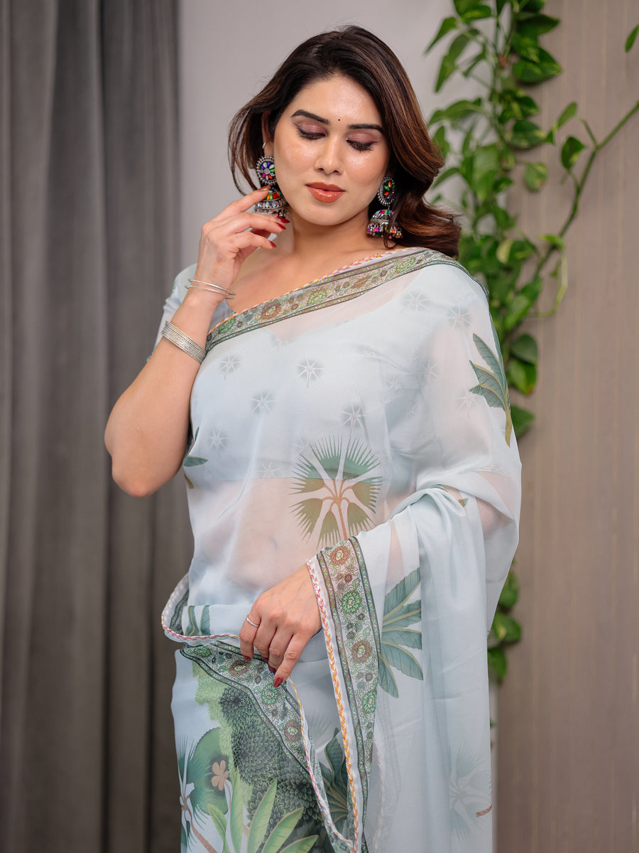 Pastel Mint Green Printed Organza Saree with Tropical Leaf Motifs | Designer Lightweight Sheer Organza Saree with Attached Blouse Piece | Festive & Day Party Saree