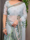 Pastel Mint Green Printed Organza Saree with Tropical Leaf Motifs | Designer Lightweight Sheer Organza Saree with Attached Blouse Piece | Festive & Day Party Saree