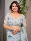 Pastel Mint Green Printed Organza Saree with Tropical Leaf Motifs | Designer Lightweight Sheer Organza Saree with Attached Blouse Piece | Festive & Day Party Saree