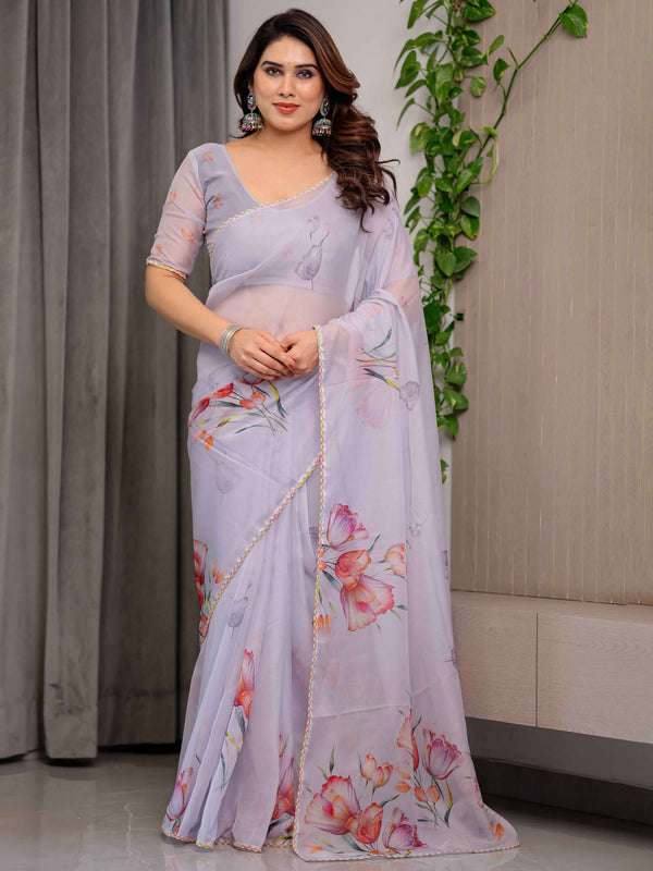 Lavender Grey Floral Printed Organza Saree with Tulip Motifs | Designer Lightweight Sheer Organza Saree with Attached Blouse Piece | Festive & Party Wear Saree