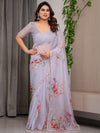 Lavender Grey Floral Printed Organza Saree with Tulip Motifs | Designer Lightweight Sheer Organza Saree with Attached Blouse Piece | Festive & Party Wear Saree