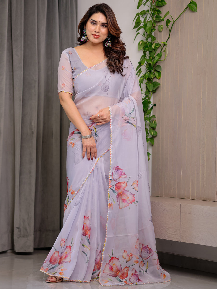 Lavender Grey Floral Printed Organza Saree with Tulip Motifs | Designer Lightweight Sheer Organza Saree with Attached Blouse Piece | Festive & Party Wear Saree
