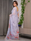 Lavender Grey Floral Printed Organza Saree with Tulip Motifs | Designer Lightweight Sheer Organza Saree with Attached Blouse Piece | Festive & Party Wear Saree