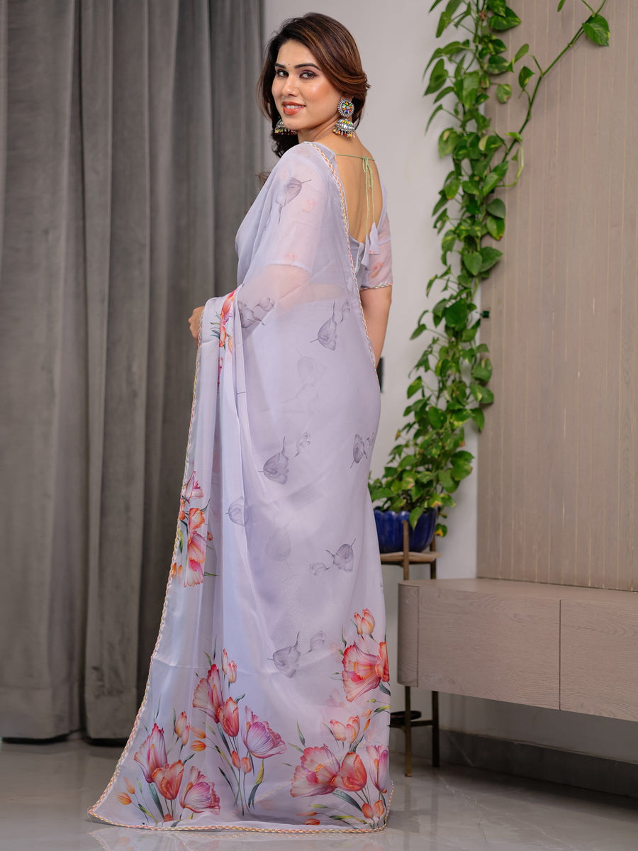 Lavender Grey Floral Printed Organza Saree with Tulip Motifs | Designer Lightweight Sheer Organza Saree with Attached Blouse Piece | Festive & Party Wear Saree