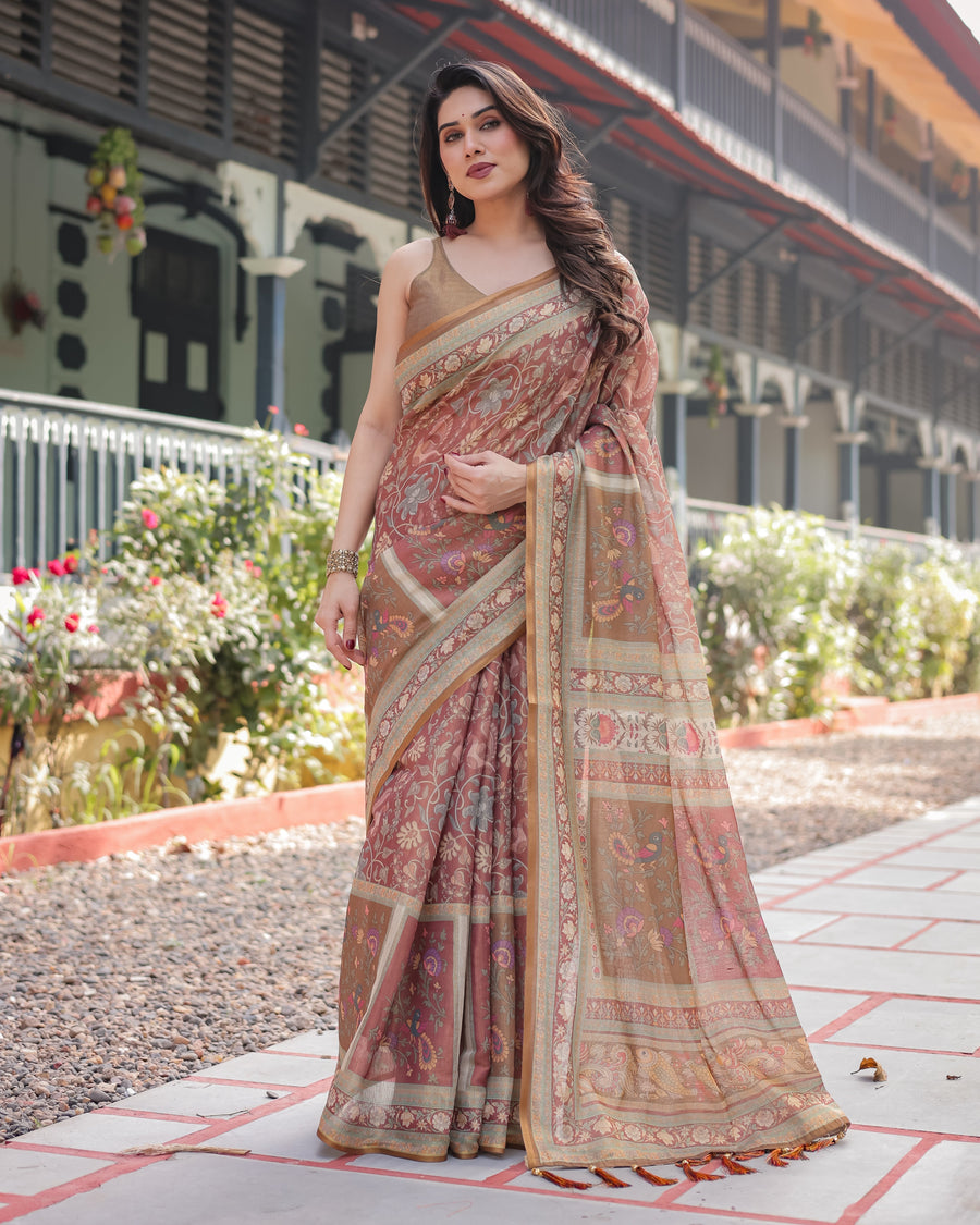 Rust and Gold Handloom Cotton-Linen Saree with Floral Motifs and Rich Zari Border