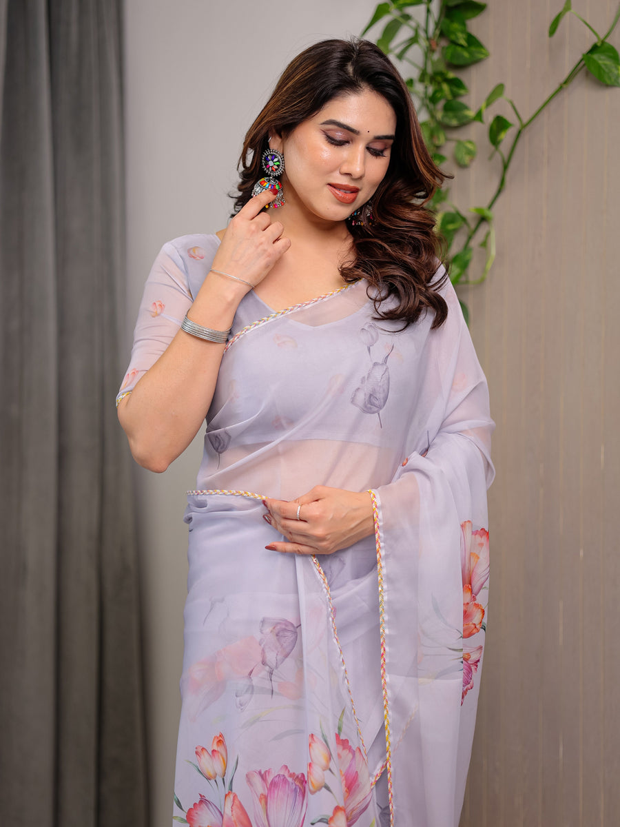 Lavender Grey Floral Printed Organza Saree with Tulip Motifs | Designer Lightweight Sheer Organza Saree with Attached Blouse Piece | Festive & Party Wear Saree