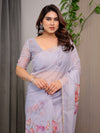 Lavender Grey Floral Printed Organza Saree with Tulip Motifs | Designer Lightweight Sheer Organza Saree with Attached Blouse Piece | Festive & Party Wear Saree