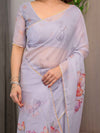 Lavender Grey Floral Printed Organza Saree with Tulip Motifs | Designer Lightweight Sheer Organza Saree with Attached Blouse Piece | Festive & Party Wear Saree