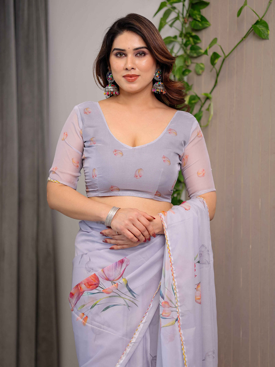 Lavender Grey Floral Printed Organza Saree with Tulip Motifs | Designer Lightweight Sheer Organza Saree with Attached Blouse Piece | Festive & Party Wear Saree