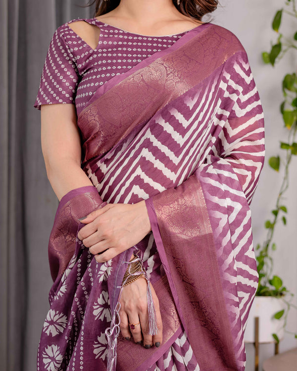 Plum Purple Handloom Linen Saree with Zigzag & Floral Motifs | Zari Border & Tassels | 5.5m Saree + 0.8m Blouse Piece