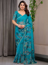 Teal Green Printed Organza Saree with Floral & Bird Motifs and Multicolour Lace Border | Designer Lightweight Organza Saree with Attached Blouse Piece | Festive & Party Wear Saree