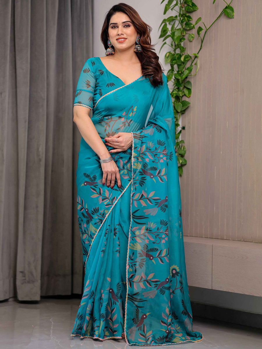 Teal Green Printed Organza Saree with Floral & Bird Motifs and Multicolour Lace Border | Designer Lightweight Organza Saree with Attached Blouse Piece | Festive & Party Wear Saree
