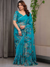 Teal Green Printed Organza Saree with Floral & Bird Motifs and Multicolour Lace Border | Designer Lightweight Organza Saree with Attached Blouse Piece | Festive & Party Wear Saree