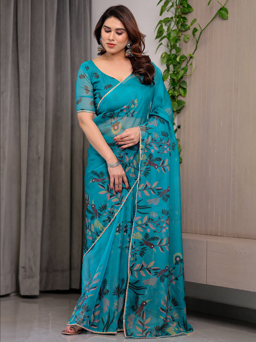 Teal Green Printed Organza Saree with Floral & Bird Motifs and Multicolour Lace Border | Designer Lightweight Organza Saree with Attached Blouse Piece | Festive & Party Wear Saree