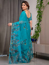Teal Green Printed Organza Saree with Floral & Bird Motifs and Multicolour Lace Border | Designer Lightweight Organza Saree with Attached Blouse Piece | Festive & Party Wear Saree