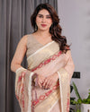 Blush Beige Handloom Linen Saree with Zigzag Weave & Floral Pallu | Zari Border & Tassels | 5.5m Saree + 0.8m Blouse