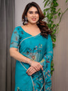 Teal Green Printed Organza Saree with Floral & Bird Motifs and Multicolour Lace Border | Designer Lightweight Organza Saree with Attached Blouse Piece | Festive & Party Wear Saree
