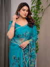Teal Green Printed Organza Saree with Floral & Bird Motifs and Multicolour Lace Border | Designer Lightweight Organza Saree with Attached Blouse Piece | Festive & Party Wear Saree