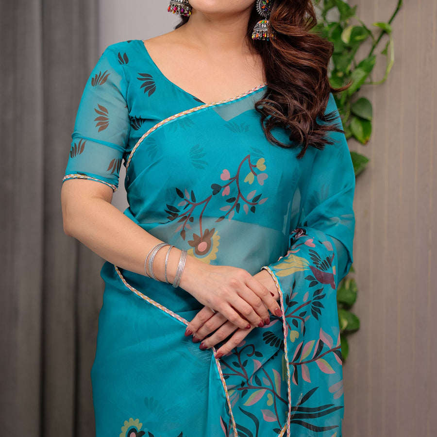 Teal Green Printed Organza Saree with Floral & Bird Motifs and Multicolour Lace Border | Designer Lightweight Organza Saree with Attached Blouse Piece | Festive & Party Wear Saree