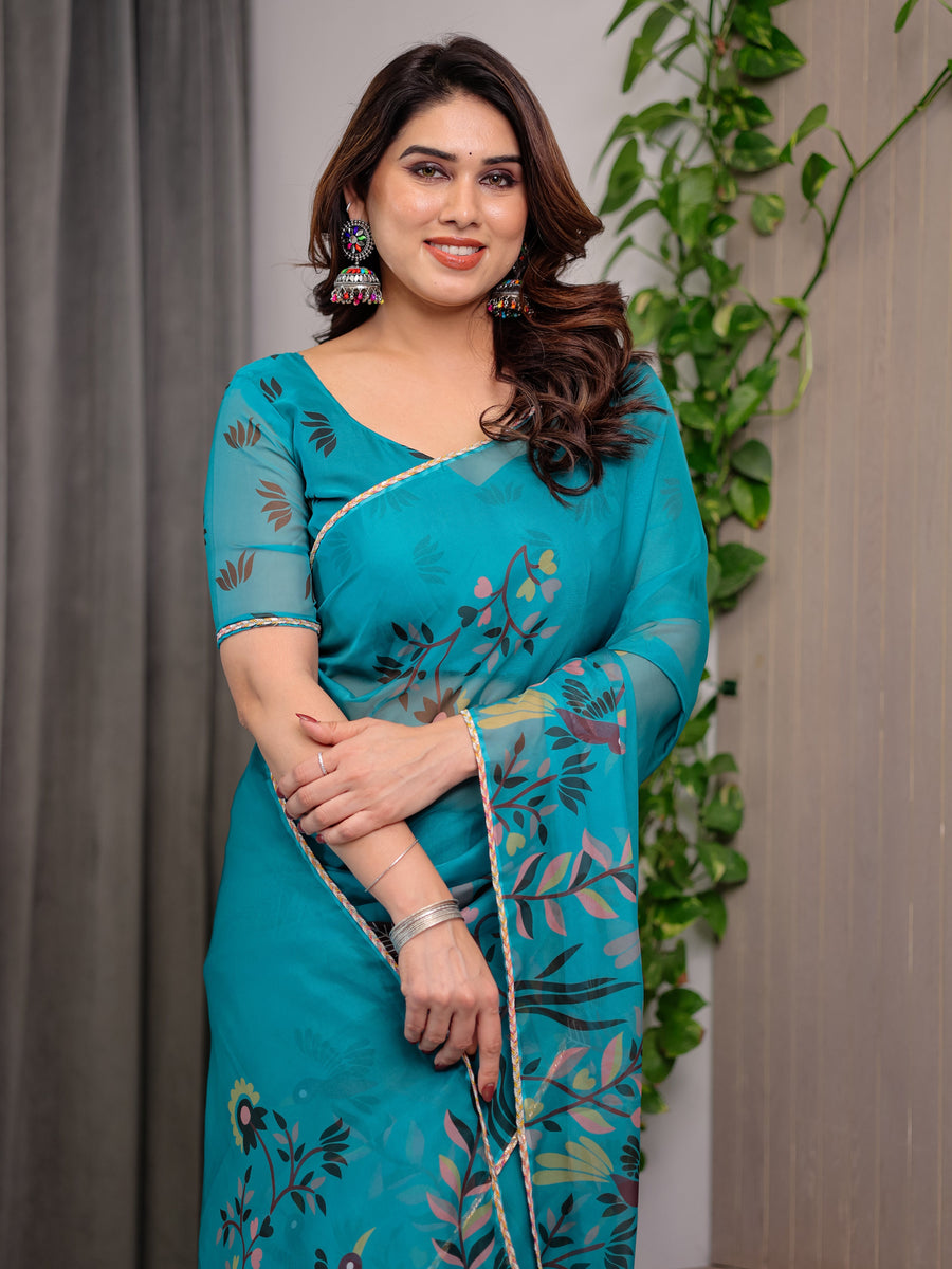 Teal Green Printed Organza Saree with Floral & Bird Motifs and Multicolour Lace Border | Designer Lightweight Organza Saree with Attached Blouse Piece | Festive & Party Wear Saree
