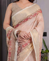 Blush Beige Handloom Linen Saree with Zigzag Weave & Floral Pallu | Zari Border & Tassels | 5.5m Saree + 0.8m Blouse