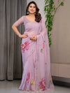 Dusty Rose Pink Floral Printed Organza Saree with Watercolour Rose Motifs | Designer Lightweight Sheer Organza Saree with Attached Blouse | Festive & Party Wear Saree