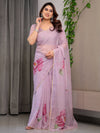 Dusty Rose Pink Floral Printed Organza Saree with Watercolour Rose Motifs | Designer Lightweight Sheer Organza Saree with Attached Blouse | Festive & Party Wear Saree