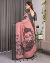 Blush Pink Handloom Linen Saree with Artistic Bearded Face Pallu Print & Black Zari Border | Attached Blouse | 5.5m Saree + 0.8m Blouse