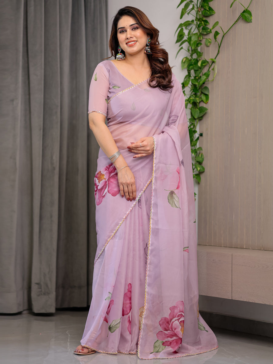 Dusty Rose Pink Floral Printed Organza Saree with Watercolour Rose Motifs | Designer Lightweight Sheer Organza Saree with Attached Blouse | Festive & Party Wear Saree