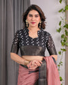 Blush Pink Handloom Linen Saree with Artistic Bearded Face Pallu Print & Black Zari Border | Attached Blouse | 5.5m Saree + 0.8m Blouse